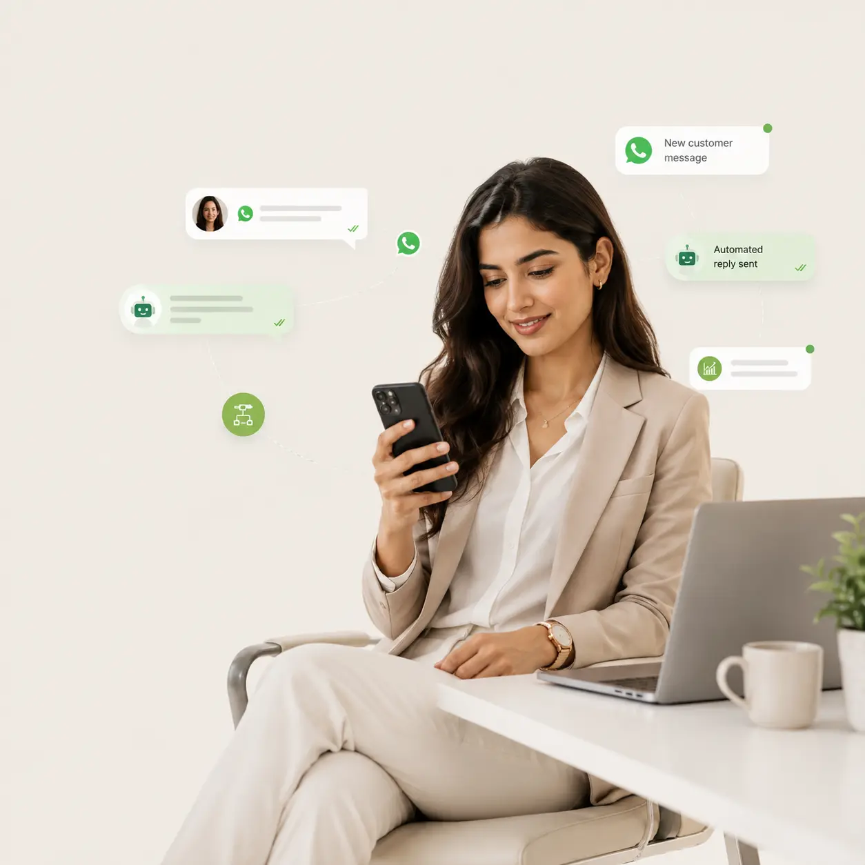 Professional executive using smartphone with WhatsApp automation popups